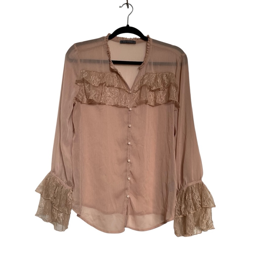 Suzy Shier Elegant Beige/Light Pink Ruffle Blouse